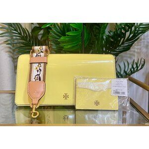 NEW!! Tory Burch Yellow Emerson with Floral Guitar Strap & Matching Wallet
